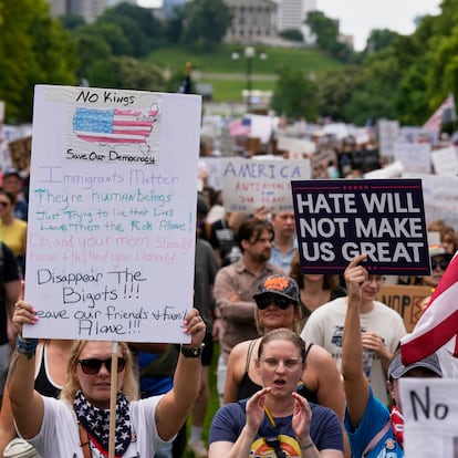 People march to Jefferson Street during a "No Kings" protest Saturday, June 14, 2025, in Nashville, Tenn. (AP Photo/George Walker IV)