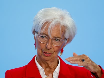 La presidenta del Banco Central Europeo, Christine Lagarde, durante la rueda de prensa de este miércoles en Fráncfort. 
