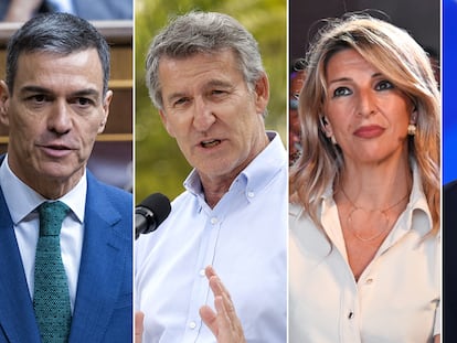 Los líderes políticos Pedro Sánchez, Alberto Núñez Feijóo, Yolanda Díaz y Santiago Abascal.