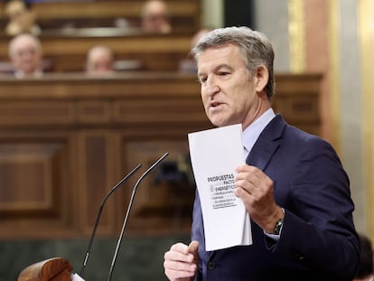 Alberto Núñez Feijóo, líder del PP, durante su intervención de este miércoles en el Congreso. 