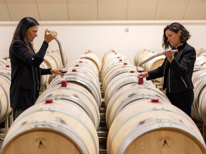 La argentina Paula Borgo, directora de enología de Artesa, y su asistente, la mexicana Lilia Pérez, prueban un vino tinto durante su proceso de maduración en las barricas de Artesa, en el valle de Napa, California.