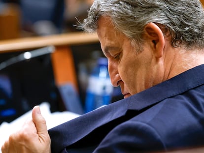 El presidente del PP, Alberto Núñez Feijóo, durante la sesión de control al Gobierno, este miércoles.