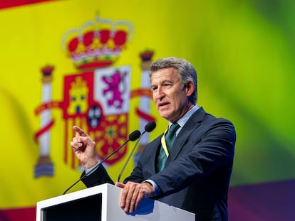Alberto Núñez Feijóo, este martes en Valencia en su intervención ante el congreso del PP europeo.