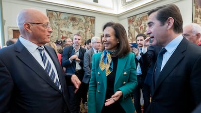 El presidente del Banco Sabadell, Josep Oliu; la presidenta de Banco Santander, Ana Botín, y el presidente del BBVA, Carlos Torres Vila.