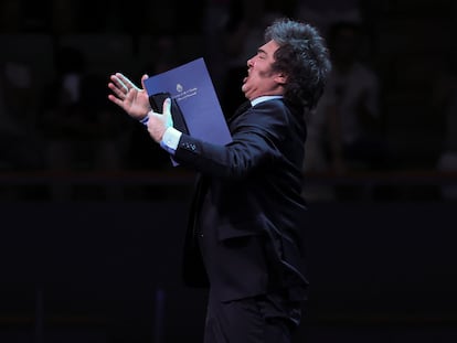 El presidente argentino, Javier Milei, durante su intervención en el Madrid Economic Forum, este domingo.