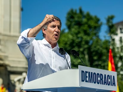 Alberto Núñez Feijóo, durante su intervención este domingo en la concentración convocada por el PP en Madrid. 