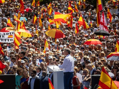 Alberto Núñez Feijóo interviene durante la concentración del PP bajo el lema ‘Mafia o democracia’ en la Plaza de España de Madrid.