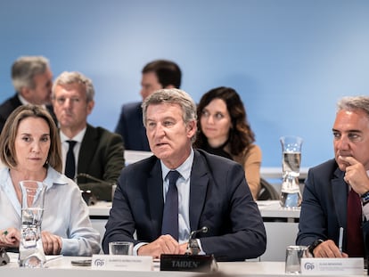 El presidente del Partido Popular, Alberto Núñez Feijóo, este lunes durante la reunión de la Junta Directiva Nacional de su formación. 