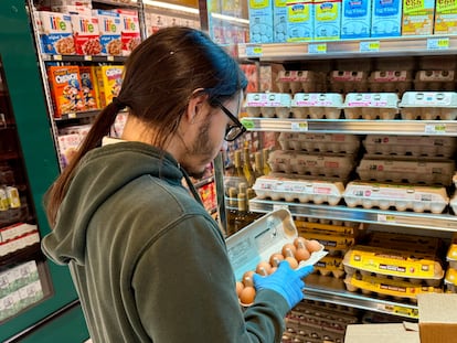 Un empleado de un supermercado almacena cajas de huevos para su exhibición en un mercado de Petaluma, California.
