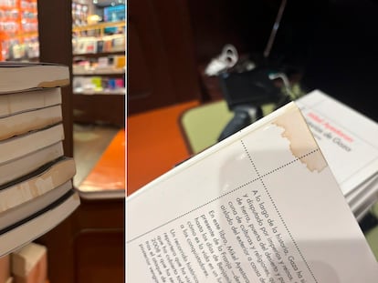 Algunos de los ejemplares con manchas de café de la librería Finestres de Barcelona, en imágenes cedidas.