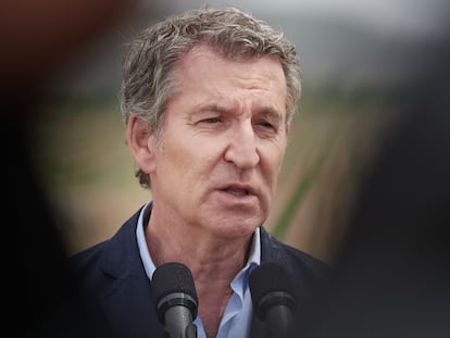 El presidente del PP, Alberto Núñez Feijóo, interviene ante los periodistas en Fontellas, Navarra, este martes.
