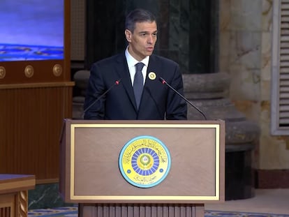 El presidente del Gobierno, Pedro Sánchez, durante su intervención en la Cumbre de la Liga Árabe en Bagdad, este sábado. 